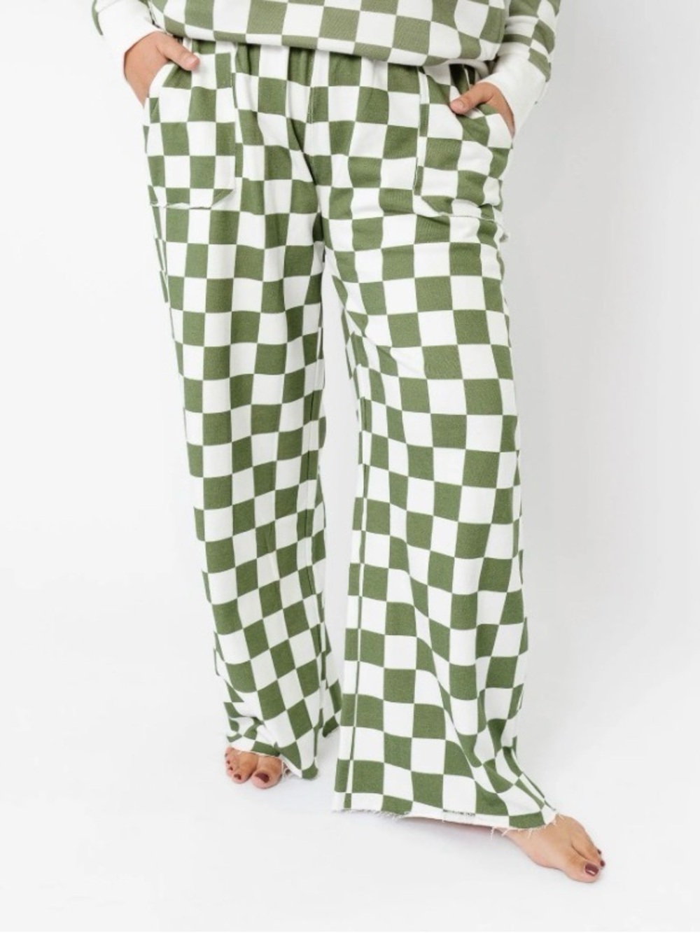 Green & White Checker Wide-Leg Track Pants